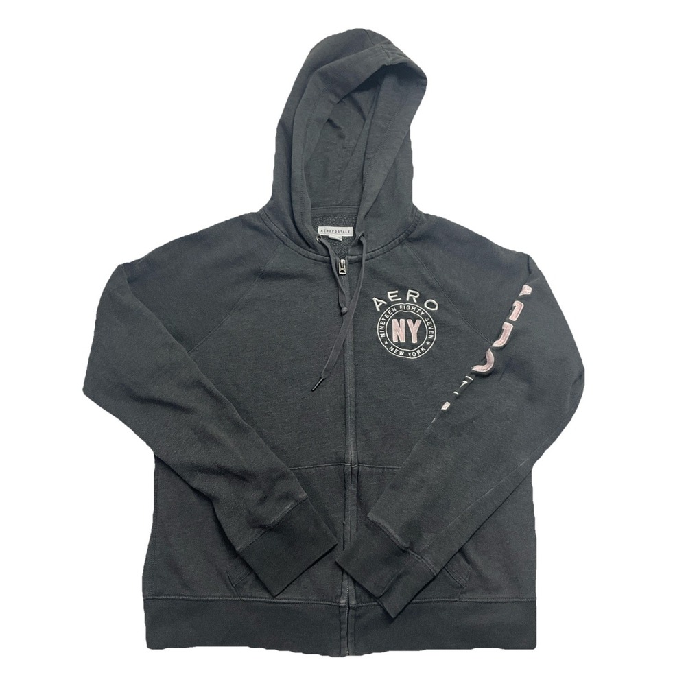 Aeropostale Women's Gray And Pink Full Zip Up Sweater With Hood Size L